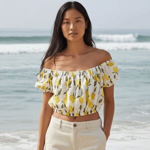 Primark Lemon Print Crop Top Elasticized On or Off Shoulder Gauzy Size Medium